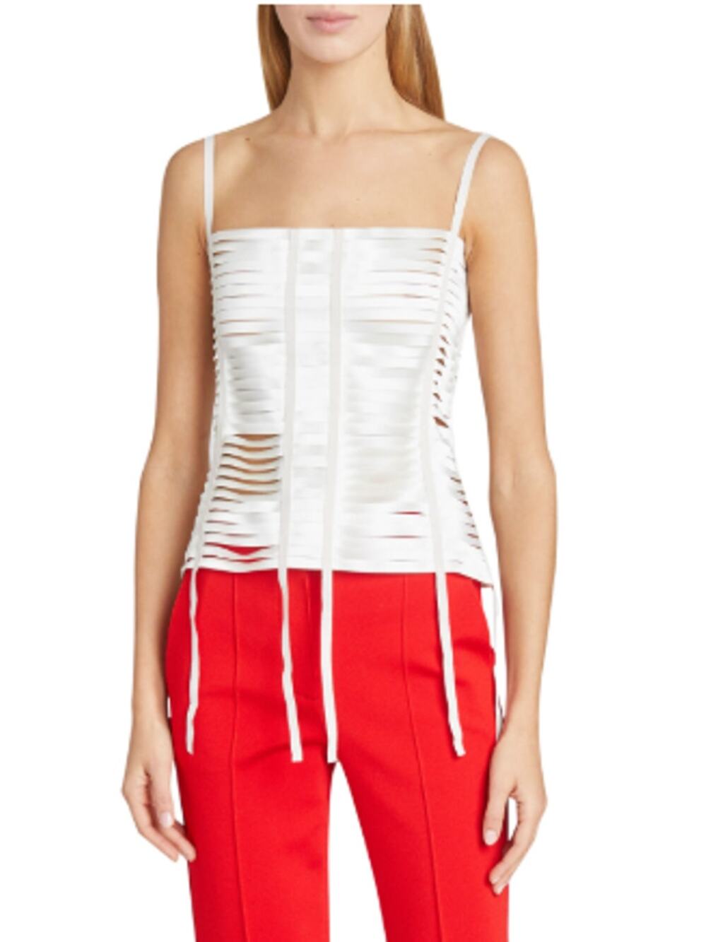 Givenchy Top 36 Fringe Ribbon Tank in White Satin Party Sexy Chic Luxury Iconic